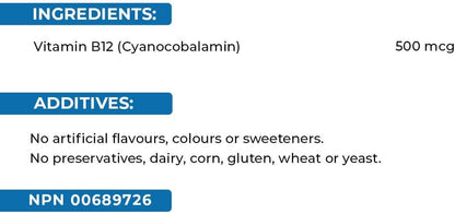 瑞士天然維生素 B12（氰鈷胺素）500 微克 | 90 片 | 幫助代謝碳水化合物、脂肪和蛋白質