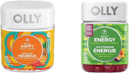 OLLY Hello Happy Gummy Worm 补充维生素热带风味和维生素 D 和每日能量软糖补充剂的混合物 100% 无咖啡因能量维生素热带激情混合物