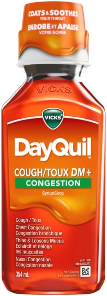 Vicks DayQuil 止咳和鼻塞非嗜睡液体药，白天缓解咳嗽、粘液和鼻塞，柑橘味，354 毫升