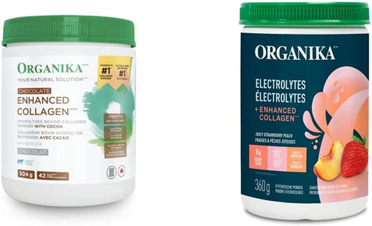 Organika 巧克力增強膠原蛋白，504克 & 電解質 + 增強膠原蛋白 - 草莓桃子 - 無糖補水 + 蛋白質 360克