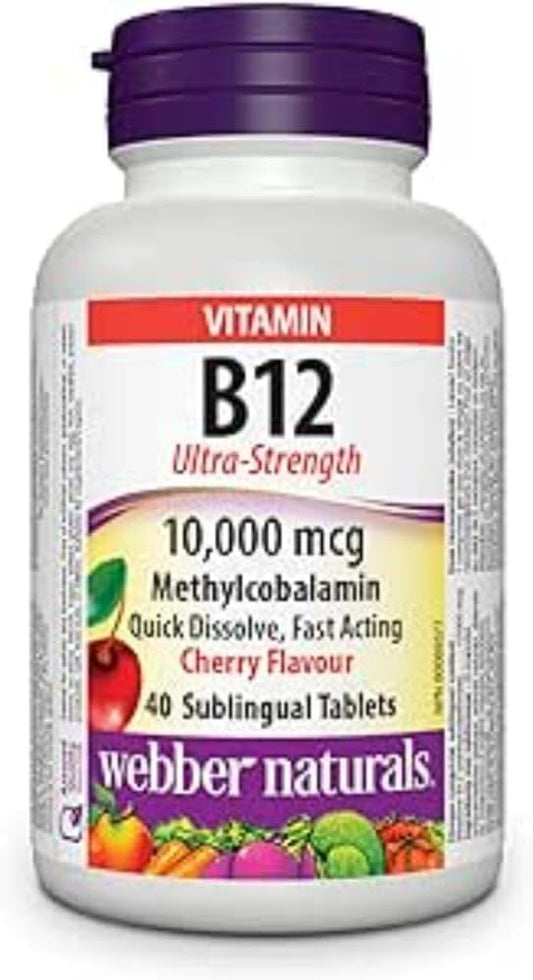 Webber Naturals Vitamin B12 10,000 mcg, Ultra Strength, Quick Dissolve, 40 Tablets, Natural Cherry Flavour, Supports Energy Production and Metabolism, Vegan