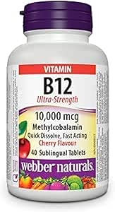 Webber Naturals 維生素 B12 10,000 微克，超強效，速溶，40 片，天然櫻桃味，支持能量產生和代謝，純素