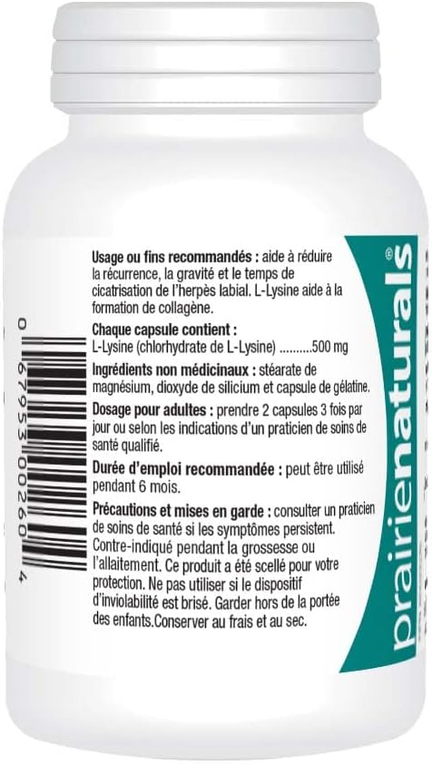 Prairie Naturals 賴氨酸 500 毫克 - 90 粒膠囊 - 有助於減少單純皰疹病毒 (HSV) 感染（例如唇皰疹）的復發，是一種必需氨基酸。賴氨酸也有助於膠原蛋白的形成。非基因改造，無麩質