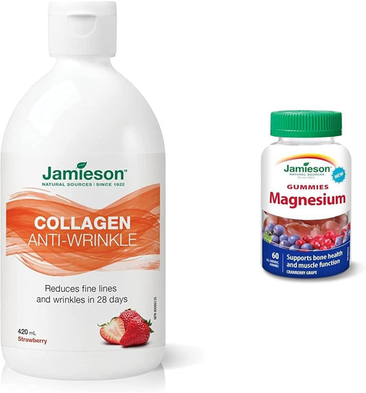 胶原蛋白抗皱液草莓味，420 毫升（1 包）和镁软糖蔓越莓葡萄味，60 粒（1 包）