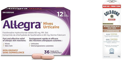 Allegra Hives，12小时缓解荨麻疹引起的皮肤瘙痒、过敏性皮肤反应 + Gold Bond 药用强效湿疹缓解 1% 氢化可的松乳膏