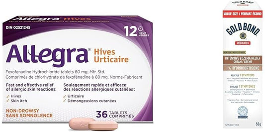 Allegra Hives，12小时缓解荨麻疹引起的皮肤瘙痒、过敏性皮肤反应 + Gold Bond 药用强效湿疹缓解 1% 氢化可的松乳膏