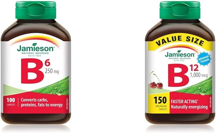 Jamieson 维生素 B6 吡哆醇 250 毫克，100 片（1 包）和维生素 B12 甲钴胺 1,000 微克速溶片 - 超值装