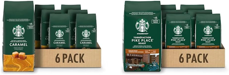 星巴克焦糖味和派克市場中度烘焙研磨咖啡，100% 阿拉比卡咖啡豆 - 6 x 340 克包（2040 克）