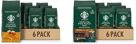 星巴克焦糖味和派克市場中度烘焙研磨咖啡，100% 阿拉比卡咖啡豆 - 6 x 340 克包（2040 克）