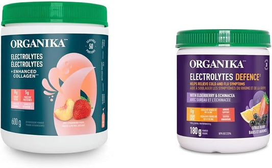 Organika 電解質 + 增強膠原蛋白 - 草莓桃子 - 補水 + 蛋白質 600 克 & 電解質防禦，含接骨木莓和紫錐菊 - 柑橘漿果 - 免疫系統支持