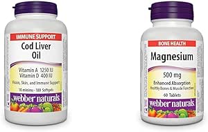 Webber Naturals 鳕鱼肝油，含维生素 A 和 D3，180 粒软胶囊，支持视力、皮肤和免疫功能，含镁 500 毫克，60 片，增强吸收矿物质，支持骨骼和肌肉