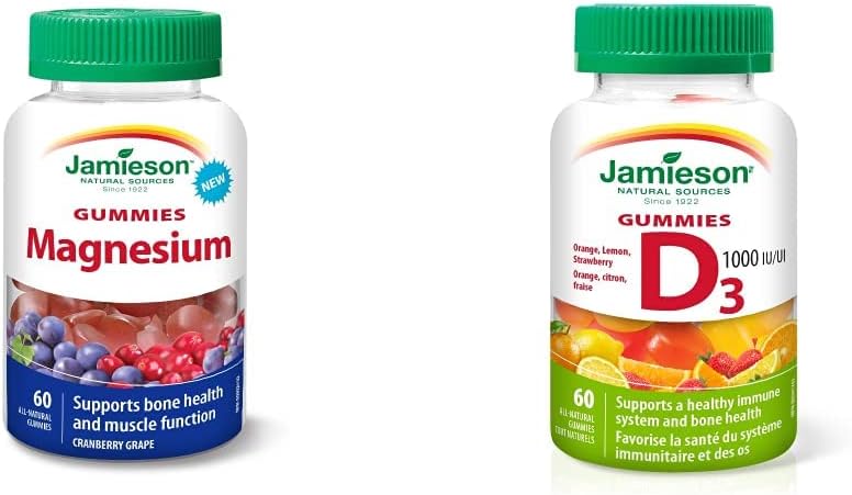 Jamieson 镁软糖（蔓越莓葡萄味）和维生素 D3 1,000 IU 软糖（橙子、草莓、柠檬味）| 各 60 粒