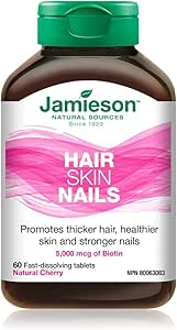 Jamieson 頭髮、皮膚、指甲 - 5,000 微克生物素，天然櫻桃味，無麩質，60 片（1 包）