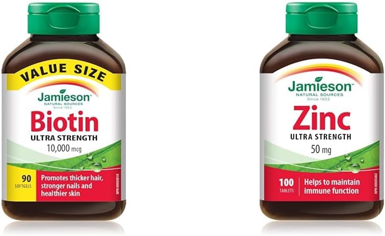 Jamieson 生物素 10,000 微克超强效软胶囊 - 超值装，无麸质，90 粒（1 包）和 Laboratories 锌 50 毫克，100 粒（1 包）