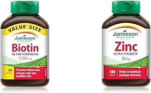 Jamieson 生物素 10,000 微克超強效軟膠囊 - 超值裝，無麩質，90 粒（1 包）和 Laboratories 鋅 50 毫克，100 粒（1 包）