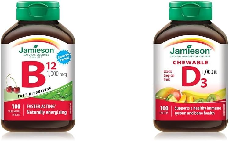 Vitamin B12 Methylcobalamin 1,000 mcg Fast-Dissolving Tablets & Chewable Vitamin D3 1,000 IU - Exotic Tropical Fruit Flavour, 100 Count (Pack of 1)