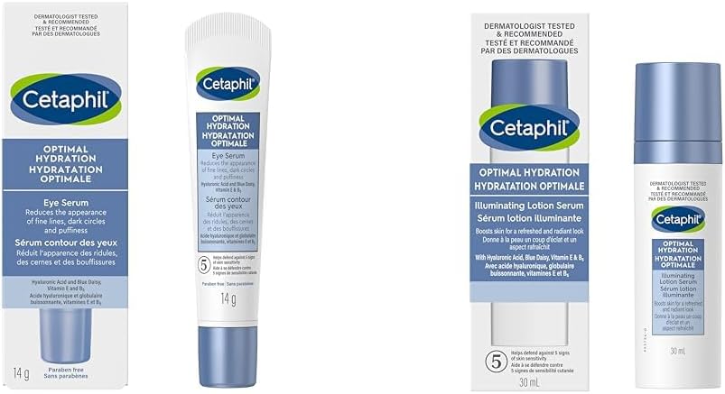 Cetaphil 舒缓眼部精华，针对皱纹、黑眼圈和浮肿，以及舒缓亮肤乳液精华（30ml） - 含透明质酸的面部精华