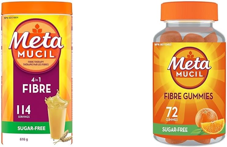 Metamucil, Daily Psyllium Husk Powder Supplement, Sugar-Free, 4-in-1 Fibre for Digestive Health & Fibre Supplement Gummies, No Sugar Added, Orange Flavour, Prebiotic, Plant-Based