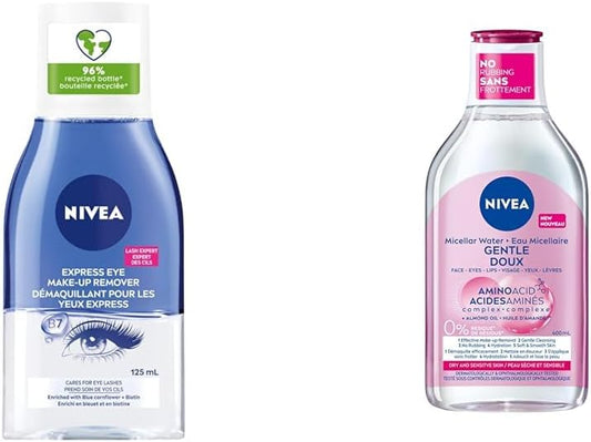 NIVEA Express Eye-Makeup Remover, 125ml & Micellar Water Amino Acid Complex for Dry and Sensitive Skin | Cleanser and Makeup Remover