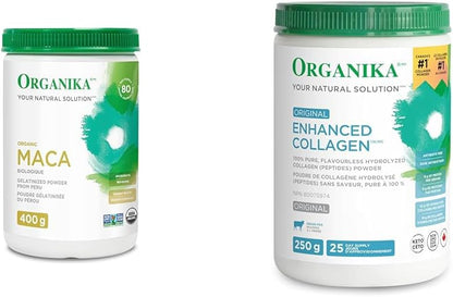 Organika 瑪卡認證有機粉 - 糊化處理，具有高生物利用度、荷爾蒙平衡和增強膠原蛋白勝肽蛋白粉，有益於頭髮、皮膚和指甲健康
