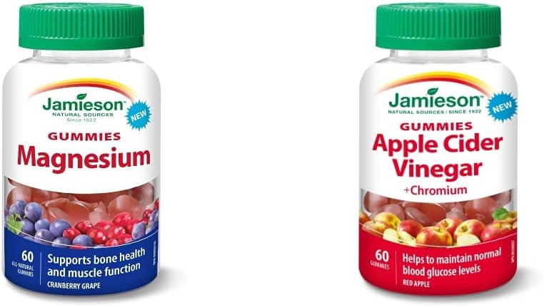Jamieson Magnesium Gummies - Cranberry Grape Flavour, 60 Count (Pack of 1) & Apple Cider Vinegar Gummies, Vegetarian Red Apple, 60 Count
