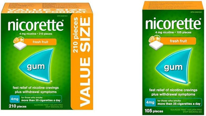 Nicorette 戒烟辅助剂，尼古丁口香糖戒烟辅助剂，新鲜水果味，4 毫克，210 片超值装和口香糖，新鲜水果味，4 毫克，105 片