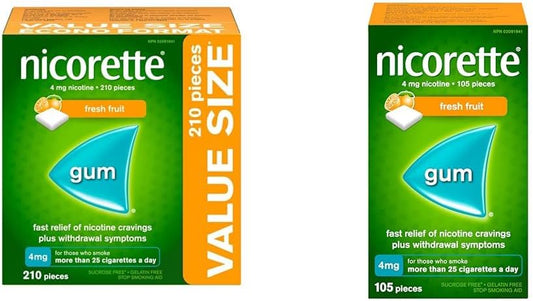 Nicorette 戒烟辅助剂，尼古丁口香糖戒烟辅助剂，新鲜水果味，4 毫克，210 片超值装和口香糖，新鲜水果味，4 毫克，105 片