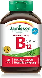Jamieson 維生素 B12 5,000 微克緩釋片，含甲鈷胺，有助於預防維生素 B12 缺乏症，促進能量生成和代謝。每日一片，素食，非基因改造，無麩質，45 片，加拿大製造