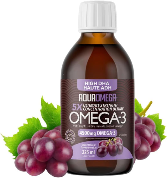 5倍極致強度 Omega 3 補充劑（含維生素 D）、魚油 Omega 3 液體（含 EPA、DHA 補充劑）、葡萄口味 Omega3 補充劑、野生魚油補充劑，225 毫升