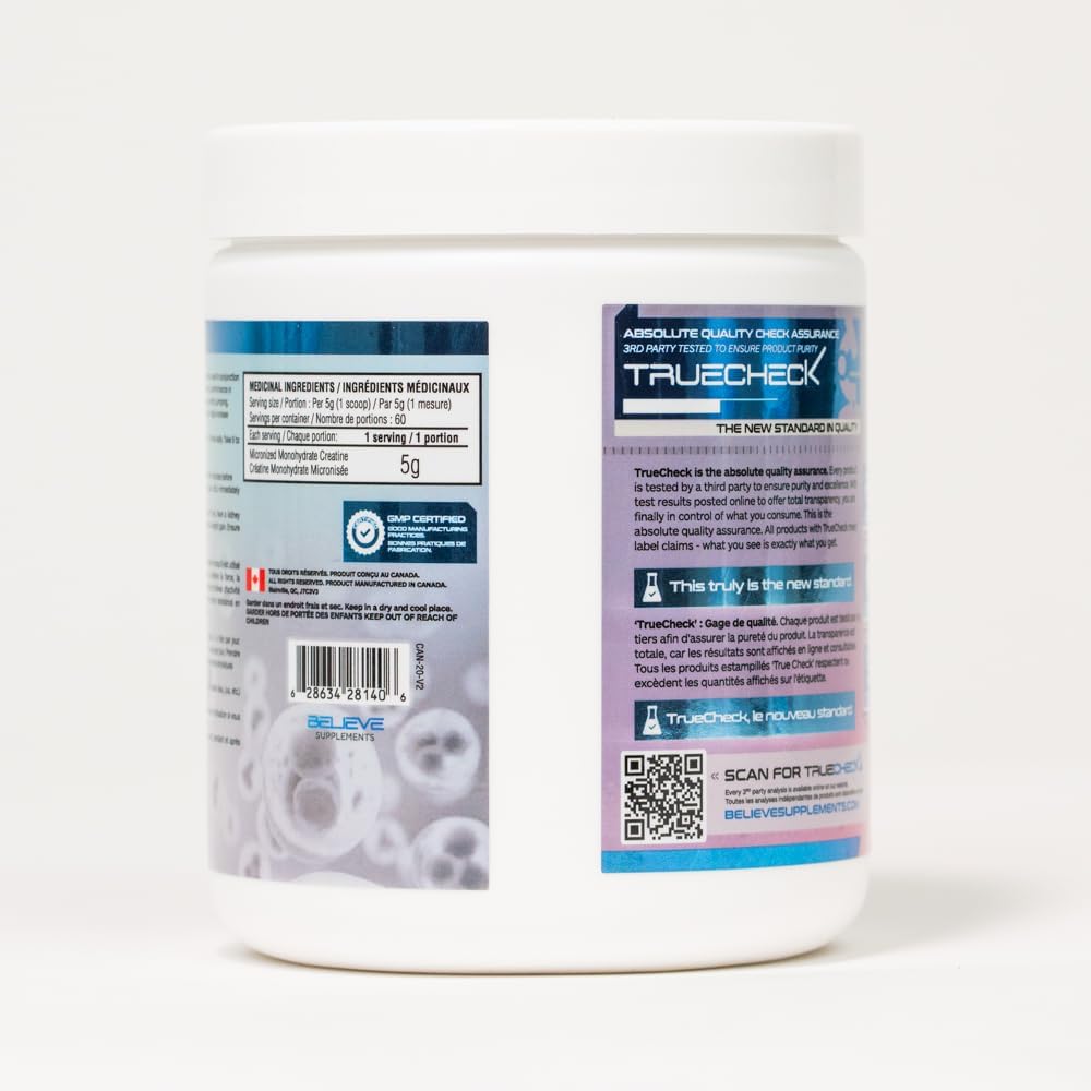 Believe 微粉化肌酸 - 优质微粉化肌酸一水合物，吸收率更高，每勺 5 克微粉化肌酸一水合物（60 粒）