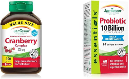 Jamieson Cranberry Complex 500 mg Maximum Concentrate - Value Size, Vegetarian, Non-GMO, Gluten-Free, 100 Count (Pack of 1) & 10 Billion, 60 vegi-caps