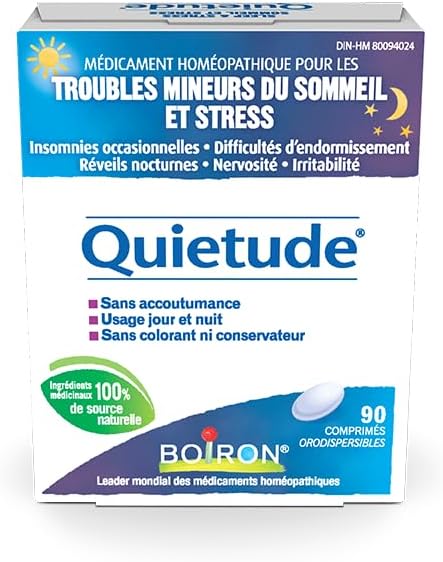 Boiron Quietude 90片，适用于睡眠和轻微睡眠障碍（烦躁不安、入睡困难、夜醒、偶尔失眠）以及神经紧张（过敏、烦躁）。顺势疗法药物。