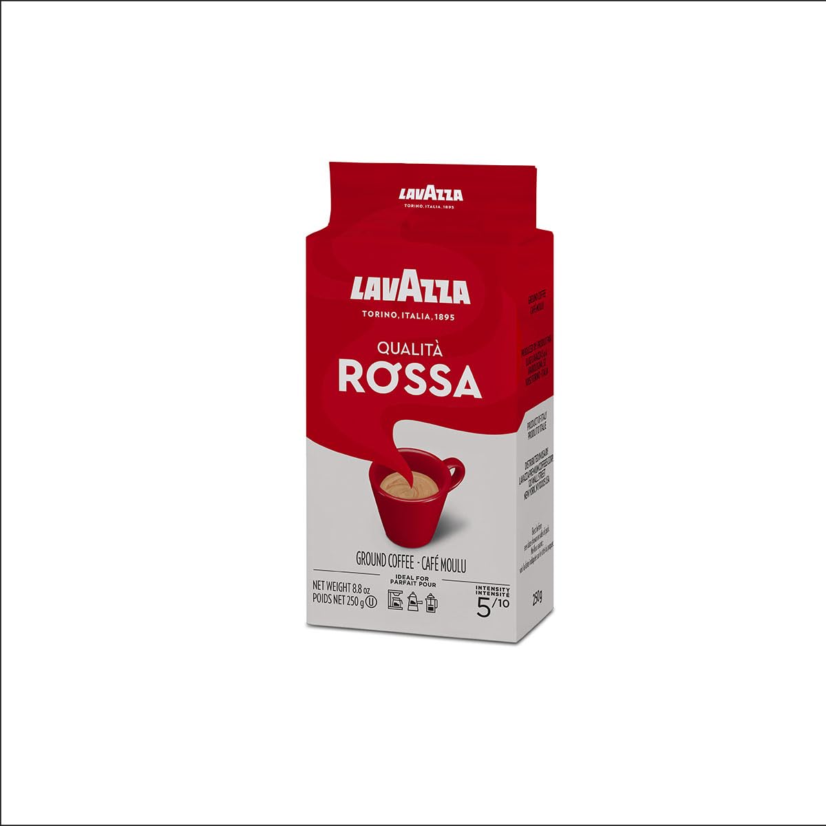 Lavazza Qualita Rossa 研磨咖啡混合袋，浓缩咖啡中度烘焙，250 克砖 - 非常适合咖啡、拿铁、卡布奇诺等