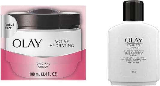 Olay Face Moisturizer by Olay, Active Hydrating Cream, 100 ml & Complete Daily Moisturizing Lotion with Sunscreen Broad Spectrum SPF 15, Sensitive, 120 ml