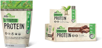 發芽蛋白，無味，1公斤 | 純素、植物基、有機、無麩質、米色和發芽蛋白棒 | 雙倍巧克力布朗尼口味 | 12包