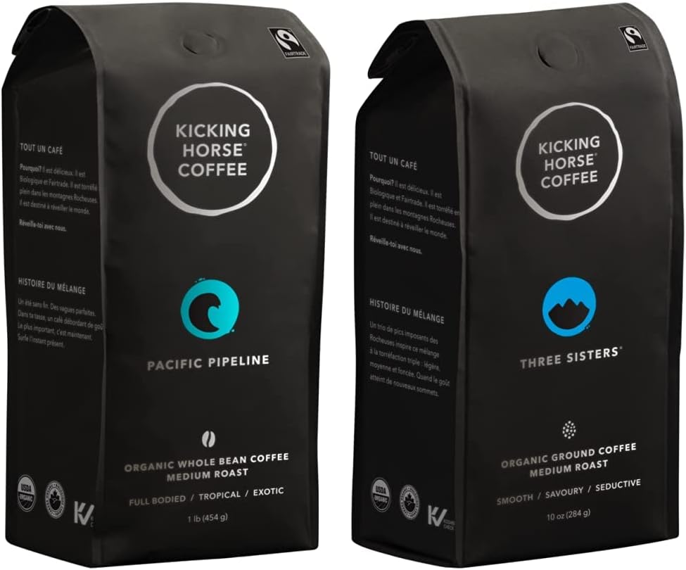 Kicking Horse Coffee，Pacific Pipeline，中度烘焙，全豆，1 磅 - 有机认证、公平贸易、犹太洁食咖啡 & Three Sisters，中度烘焙，研磨，284 克