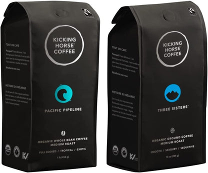 Kicking Horse Coffee，Pacific Pipeline，中度烘焙，全豆，1 磅 - 有机认证、公平贸易、犹太洁食咖啡 & Three Sisters，中度烘焙，研磨，284 克