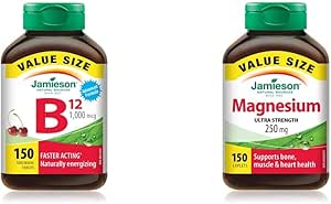 Jamieson Vitamin B12 Methylcobalamin 1,000 mcg Fast-Dissolving Tablets + Jamieson Magnesium 250 mg Ultra Strength - Value Size