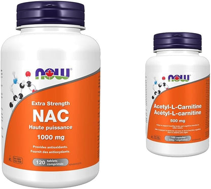 NOW Nac 強效片劑，1000 毫克，120 粒 & 乙醯左旋肉鹼 500 毫克，100 粒素食膠囊