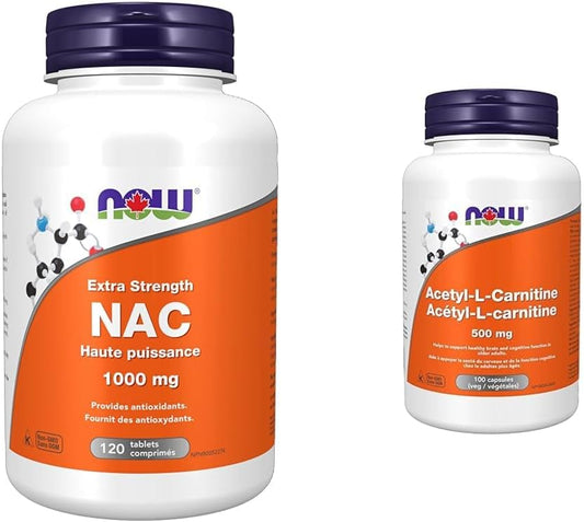 NOW Nac 強效片劑，1000 毫克，120 粒 & 乙醯左旋肉鹼 500 毫克，100 粒素食膠囊