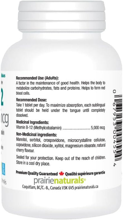 Prairie Naturals 舌下維生素 B12 甲鈷胺 5000mcg 幫助身體代謝蛋白質，形成紅血球，並預防維生素 B12 缺乏症 - 90 粒