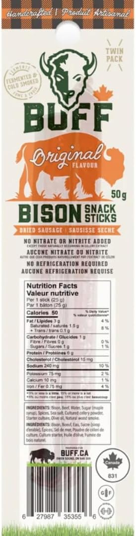 BUFF 野牛零食棒 - 原味，50克雙包裝，12支裝，高蛋白，無硝酸鹽，無麩質，加拿大製造