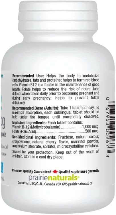 Prairie Naturals 舌下維生素 B12 甲鈷胺 1000mcg 含葉酸，有助於降低中性管缺陷的風險，幫助身體代謝蛋白質，形成紅血球，預防葉酸缺乏和維生素…