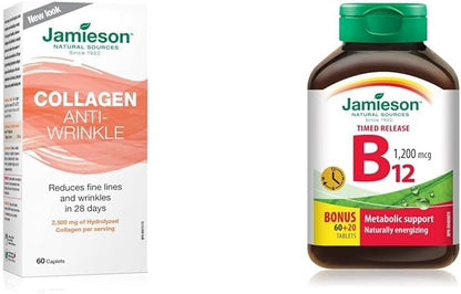 Jamieson 胶原蛋白抗皱片 - 2,500 毫克水解胶原蛋白，60 片（1 包）和维生素 B12（钴胺素）1200 微克，定时释放，80 片