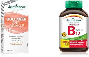 Jamieson 膠原蛋白抗皺片 - 2,500 毫克水解膠原蛋白，60 片（1 包）和維生素 B12（鈷胺素）1200 微克，定時釋放，80 片