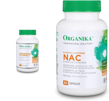 Organika 脂质体维生素 C 500 毫克 - 高吸收率，生物利用度高，免疫力强 - 60 粒胶囊 & NAC（N-乙酰-L-半胱氨酸）500 毫克 - 支持抗氧化谷胱甘肽水平