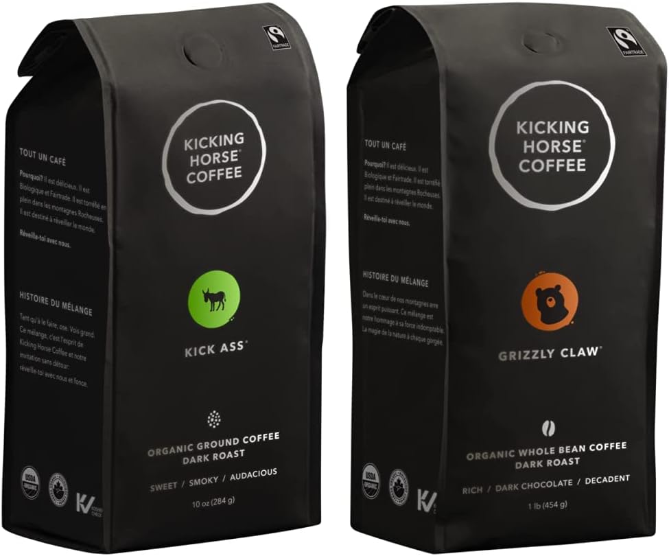 Kicking Horse Coffee，Kick Ass，深度烘焙，研磨，284 克 - 有機認證、公平貿易、猶太潔食咖啡 &，Grizzly Claw，深度烘焙，全豆，1 磅 - 有機認證、公平貿易、猶太潔食咖啡