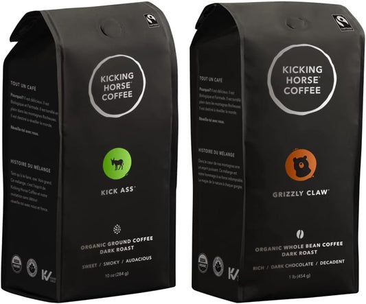 Kicking Horse Coffee，Kick Ass，深度烘焙，研磨，284 克 - 有機認證、公平貿易、猶太潔食咖啡 &，Grizzly Claw，深度烘焙，全豆，1 磅 - 有機認證、公平貿易、猶太潔食咖啡