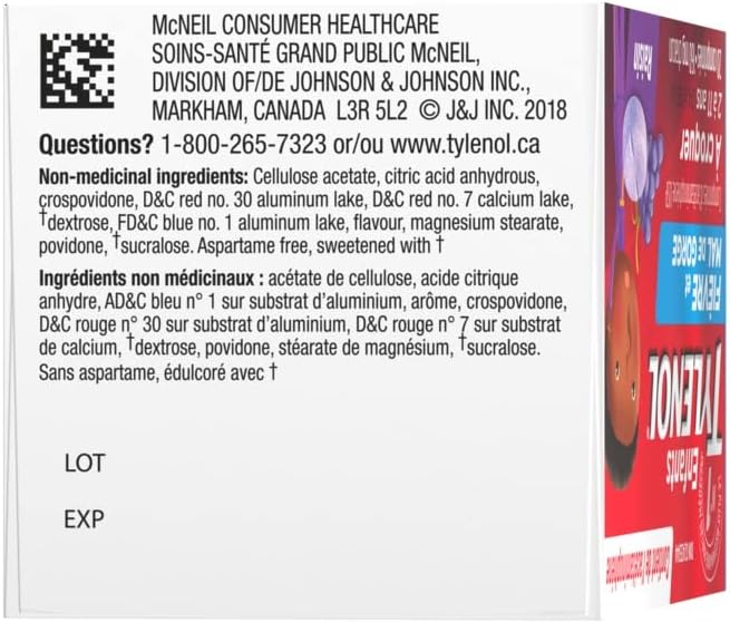 泰诺儿童退烧和咽喉痛咀嚼片，缓解发烧和咽喉痛，20片，葡萄味，适用于6-11岁儿童