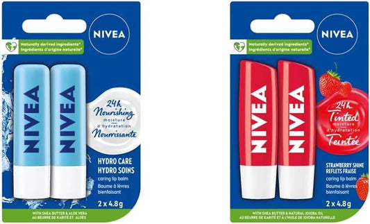 NIVEA Hydro Care 潤唇膏和 NIVEA Strawberry Shine 潤唇膏套裝（2 x 4.8g）| 24 小時保濕